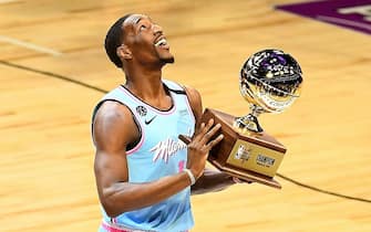 CHICAGO, ILLINOIS - FEBRUARY 15: Bam Adebayo #13 of the Miami Heat celebrates with the trip after winning the 2020 NBA All-Star - Taco Bell Skills Challenge during State Farm All-Star Saturday Night at the United Center on February 15, 2020 in Chicago, Illinois. NOTE TO USER: User expressly acknowledges and agrees that, by downloading and or using this photograph, User is consenting to the terms and conditions of the Getty Images License Agreement. (Photo by Stacy Revere/Getty Images)