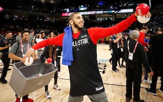 CHICAGO, IL - FEBRUARY 15: Jayson Tatum #0 of Team LeBron throws balls to the fans during Practice and Media Availability presented by AT&T as part of 2020 NBA All-Star Weekend on February 15, 2020 at Wintrust Arena in Chicago, Illinois. NOTE TO USER: User expressly acknowledges and agrees that, by downloading and/or using this Photograph, user is consenting to the terms and conditions of the Getty Images License Agreement. Mandatory Copyright Notice: Copyright 2020 NBAE (Photo by Jeff Haynes/NBAE via Getty Images)