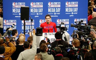 CHICAGO, IL - FEBRUARY 15: Trae Young #24 of Team Giannis addresses the media during Practice and Media Availability presented by AT&T as part of 2020 NBA All-Star Weekend on February 15, 2020 at Wintrust Arena in Chicago, Illinois. NOTE TO USER: User expressly acknowledges and agrees that, by downloading and/or using this Photograph, user is consenting to the terms and conditions of the Getty Images License Agreement. Mandatory Copyright Notice: Copyright 2020 NBAE (Photo by Tyler Kaufman/NBAE via Getty Images)