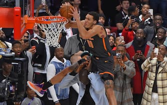 CHICAGO, IL - FEBRUARY 15: Aaron Gordon #00 of the Orlando Magic dunks the ball over Tacko Fall #99 of the Boston Celtics during the AT&T Slam Dunk as part of 2020 NBA All-Star Weekend on February 15, 2020 at United Center in Chicago, Illinois. NOTE TO USER: User expressly acknowledges and agrees that, by downloading and/or using this Photograph, user is consenting to the terms and conditions of the Getty Images License Agreement. Mandatory Copyright Notice: Copyright 2020 NBAE (Photo by Bill Baptist/NBAE via Getty Images)