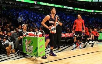 CHICAGO, IL - FEBRUARY 15: Devin Booker #1 of the Phoenix Suns participates in the 2020 NBA All-Star - MTN DEW 3-Point Contest on February 15, 2020 at the United Center in Chicago, Illinois. NOTE TO USER: User expressly acknowledges and agrees that, by downloading and or using this photograph, User is consenting to the terms and conditions of the Getty Images License Agreement. Mandatory Copyright Notice: Copyright 2020 NBAE (Photo by Jesse D. Garrabrant/NBAE via Getty Images)