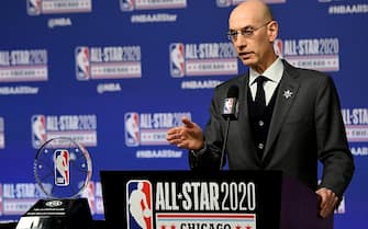 CHICAGO, ILLINOIS - FEBRUARY 15: NBA Commissioner Adam Silver speaks to the media during a press conference at the United Center on February 15, 2020 in Chicago, Illinois. NOTE TO USER: User expressly acknowledges and agrees that, by downloading and or using this photograph, User is consenting to the terms and conditions of the Getty Images License Agreement. (Photo by Stacy Revere/Getty Images)