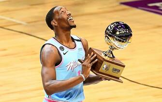 1206541571 CHICAGO, ILLINOIS - FEBRUARY 15: Bam Adebayo #13 of the Miami Heat celebrates with the trip after winning the 2020 NBA All-Star - Taco Bell Skills Challenge during State Farm All-Star Saturday Night at the United Center on February 15, 2020 in Chicago, Illinois. NOTE TO USER: User expressly acknowledges and agrees that, by downloading and or using this photograph, User is consenting to the terms and conditions of the Getty Images License Agreement. (Photo by Stacy Revere/Getty Images)