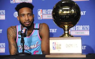 CHICAGO, IL - FEBRUARY 15:  Derrick Jones Jr. #5 of the Miami Heat talks to the media after winning the Slam Dunk contest during NBA All-Star Saturday Night Presented by State Farm as part of 2020 NBA All-Star Weekend on February 15, 2020 at United Center in Chicago, Illinois. NOTE TO USER: User expressly acknowledges and agrees that, by downloading and/or using this Photograph, user is consenting to the terms and conditions of the Getty Images License Agreement. Mandatory Copyright Notice: Copyright 2020 NBAE (Photo by Eddy Matchette/NBAE via Getty Images)