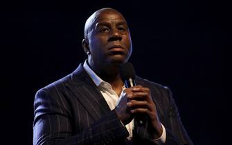 CHICAGO, ILLINOIS - FEBRUARY 16: Magic Johnson speaks to the crowd before the 69th NBA All-Star Game at the United Center on February 16, 2020 in Chicago, Illinois. NOTE TO USER: User expressly acknowledges and agrees that, by downloading and or using this photograph, User is consenting to the terms and conditions of the Getty Images License Agreement. (Photo by Jonathan Daniel/Getty Images)