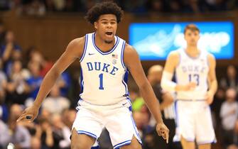 DURHAM, NORTH CAROLINA - JANUARY 21: Vernon Carey Jr. #1 of the Duke Blue Devils reacts after a play against the Miami (Fl) Hurricanes at Cameron Indoor Stadium on January 21, 2020 in Durham, North Carolina. (Photo by Streeter Lecka/Getty Images)