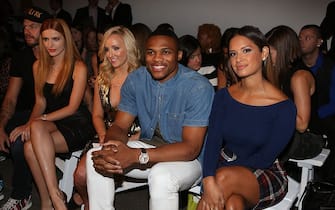 455069314 NEW YORK, NY - SEPTEMBER 09: (L-R) Bella Thorne, Nastia Liukin, Russell Westbrook and Rocsi Diaz attend the JBurgos presentation during Nolcha Fashion Week Spring 2015 at Eyebeam on September 9, 2014 in New York City. (Photo by Johnny Nunez/WireImage)