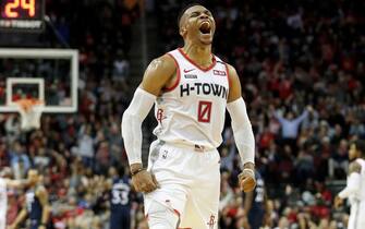 HOUSTON, TEXAS - JANUARY 11: Russell Westbrook #0 of the Houston Rockets reacts after a three point shot in the second half against the Minnesota Timberwolves at Toyota Center on January 11, 2020 in Houston, Texas.  NOTE TO USER: User expressly acknowledges and agrees that, by downloading and or using this photograph, User is consenting to the terms and conditions of the Getty Images License Agreement.   (Photo by Tim Warner/Getty Images)