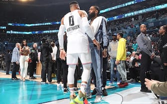 1134824262 CHARLOTTE, NC - FEBRUARY 17: Russell Westbrook #0 of Team Giannis chats with Rapper Nipsey Hussle during the 2019 NBA All-Star Game on February 17, 2019 at the Spectrum Center in Charlotte, North Carolina. NOTE TO USER: User expressly acknowledges and agrees that, by downloading and/or using this photograph, user is consenting to the terms and conditions of the Getty Images License Agreement. Mandatory Copyright Notice: Copyright 2019 NBAE (Photo by Nathaniel S. Butler/NBAE via Getty Images)