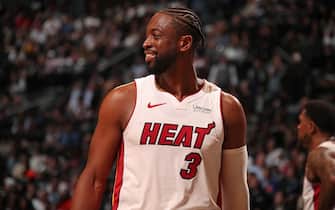 BROOKLYN, NY - APRIL 10: Dwyane Wade #3 of the Miami Heat smiles before the game against the Brooklyn Nets on April 10, 2019 at Barclays Center in Brooklyn, New York. NOTE TO USER: User expressly acknowledges and agrees that, by downloading and or using this Photograph, user is consenting to the terms and conditions of the Getty Images License Agreement. Mandatory Copyright Notice: Copyright 2019 NBAE (Photo by Issac Baldizon/NBAE via Getty Images)
