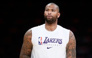 LOS ANGELES, CA - DECEMBER 25: A close up shot of DeMarcus Cousins #15 of the Los Angeles Lakers warming up before the game against the LA Clippers on December 25, 2019 at STAPLES Center in Los Angeles, California. NOTE TO USER: User expressly acknowledges and agrees that, by downloading and/or using this Photograph, user is consenting to the terms and conditions of the Getty Images License Agreement. Mandatory Copyright Notice: Copyright 2019 NBAE (Photo by Chris Elise/NBAE via Getty Images)