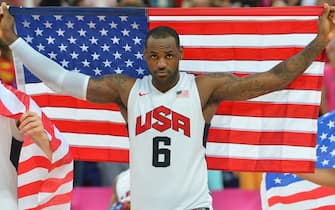 LONDON, ENGLAND - AUGUST 12: LeBron James #6 of the US Men's Senior National Team celebrates against Spain during their Men's Gold Medal Basketball Game on Day 16 of the London 2012 Olympic Games at the North Greenwich Arena on August 12, 2012 in London, England. NOTE TO USER: User expressly acknowledges and agrees that, by downloading and/or using this Photograph, user is consenting to the terms and conditions of the Getty Images License Agreement. Mandatory Copyright Notice: Copyright 2012 NBAE (Photo by Jesse D. Garrabrant/NBAE via Getty Images)