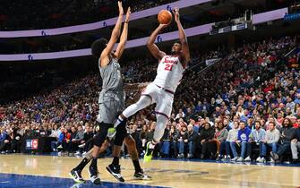 1202122722 PHILADELPHIA, PA - FEBRUARY 20: Joel Embiid #21 of the Philadelphia 76ers shoots the ball against the Brooklyn Nets on February 20, 2020 at the Wells Fargo Center in Philadelphia, Pennsylvania NOTE TO USER: User expressly acknowledges and agrees that, by downloading and/or using this Photograph, user is consenting to the terms and conditions of the Getty Images License Agreement. Mandatory Copyright Notice: Copyright 2020 NBAE (Photo by Jesse D. Garrabrant/NBAE via Getty Images)