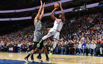 PHILADELPHIA, PA - FEBRUARY 20: Joel Embiid #21 of the Philadelphia 76ers shoots the ball against the Brooklyn Nets on February 20, 2020 at the Wells Fargo Center in Philadelphia, Pennsylvania NOTE TO USER: User expressly acknowledges and agrees that, by downloading and/or using this Photograph, user is consenting to the terms and conditions of the Getty Images License Agreement. Mandatory Copyright Notice: Copyright 2020 NBAE (Photo by Jesse D. Garrabrant/NBAE via Getty Images)