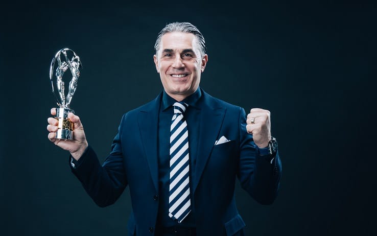 BERLIN, GERMANY - FEBRUARY 17: Laureus Academy Exceptional Achievement Award winner  Sergio Scarlolo from the Spanish Basketball Federation poses with their trophy during the 2020 Laureus World Sports Awards on February 17, 2020 in Berlin, Germany. (Photo by Simon Hofmann/Getty Images for Laureus)