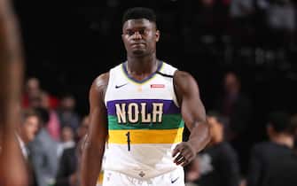 PORTLAND, OR - FEBRUARY 21: Zion Williamson #1 of the New Orleans Pelicans looks on during a game against the Portland Trail Blazers on February 21, 2020 at the Moda Center Arena in Portland, Oregon. NOTE TO USER: User expressly acknowledges and agrees that, by downloading and or using this photograph, user is consenting to the terms and conditions of the Getty Images License Agreement. Mandatory Copyright Notice: Copyright 2020 NBAE (Photo by Sam Forencich/NBAE via Getty Images)