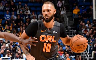 1202364560 ORLANDO, FL - FEBRUARY 21: Evan Fournier #10 of the Orlando Magic handles the ball against the Dallas Mavericks on February 21, 2020 at Amway Center in Orlando, Florida. NOTE TO USER: User expressly acknowledges and agrees that, by downloading and or using this photograph, User is consenting to the terms and conditions of the Getty Images License Agreement. Mandatory Copyright Notice: Copyright 2020 NBAE (Photo by Fernando Medina/NBAE via Getty Images)