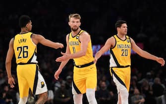 1207872253 NEW YORK, NEW YORK - FEBRUARY 21: Jeremy Lamb #26, Domantas Sabonis #11, and Doug McDermott #20 of the Indiana Pacers high-five during the first half against the New York Knicks at Madison Square Garden on February 21, 2020 in New York City. The Indiana Pacers won 106-98. NOTE TO USER: User expressly acknowledges and agrees that, by downloading and or using this photograph, User is consenting to the terms and conditions of the Getty Images License Agreement. (Photo by Sarah Stier/Getty Images)