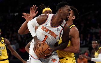 NEW YORK, NEW YORK - FEBRUARY 21: Bobby Portis #1 of the New York Knicks drives toward the basket during the second half against the Indiana Pacers at Madison Square Garden on February 21, 2020 in New York City. NOTE TO USER: User expressly acknowledges and agrees that, by downloading and or using this photograph, User is consenting to the terms and conditions of the Getty Images License Agreement. (Photo by Sarah Stier/Getty Images)