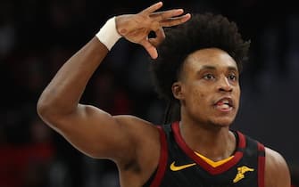 1207869373 WASHINGTON, DC - FEBRUARY 21: Collin Sexton #2 of the Cleveland Cavaliers celebrates his three-pointer against the Washington Wizards during the second half at Capital One Arena on February 21, 2020 in Washington, DC. (Photo by Patrick Smith/Getty Images)