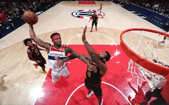 WASHINGTON, DC -  FEBRUARY 21: Bradley Beal #3 of the Washington Wizards dunks the ball against Andre Drummond #3 of the Cleveland Cavaliers on February 21, 2020 at Capital One Arena in Washington, DC. NOTE TO USER: User expressly acknowledges and agrees that, by downloading and or using this Photograph, user is consenting to the terms and conditions of the Getty Images License Agreement. Mandatory Copyright Notice: Copyright 2020 NBAE (Photo by Ned Dishman/NBAE via Getty Images)
