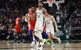 1208066591 MILWAUKEE, WISCONSIN - FEBRUARY 22: Giannis Antetokounmpo #34 of the Milwaukee Bucks reacts to a three point shot during the second half of a game against the Philadelphia 76ers at Fiserv Forum on February 22, 2020 in Milwaukee, Wisconsin. NOTE TO USER: User expressly acknowledges and agrees that, by downloading and or using this photograph, User is consenting to the terms and conditions of the Getty Images License Agreement. (Photo by Stacy Revere/Getty Images)
