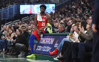 1208057082 MILWAUKEE, WISCONSIN - FEBRUARY 22: Joel Embiid #21 of the Philadelphia 76ers waits during the first half of a game against the Milwaukee Bucks at Fiserv Forum on February 22, 2020 in Milwaukee, Wisconsin. NOTE TO USER: User expressly acknowledges and agrees that, by downloading and or using this photograph, User is consenting to the terms and conditions of the Getty Images License Agreement. (Photo by Stacy Revere/Getty Images)