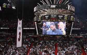 MIAMI, FL - FEBRUARY 22: Dwayne Wade's jersey being raised into the rafters on February 22, 2020 at American Airlines Arena in Miami, Florida. NOTE TO USER: User expressly acknowledges and agrees that, by downloading and or using this Photograph, user is consenting to the terms and conditions of the Getty Images License Agreement. Mandatory Copyright Notice: Copyright 2020 NBAE (Photo by Oscar Baldizon/NBAE via Getty Images)