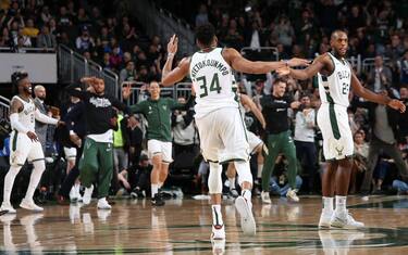 MILWAUKEE, WI - FEBRUARY 22: Giannis Antetokounmpo #34 of the Milwaukee Bucks reacts to a play against the Philadelphia 76ers on February 22, 2020 at the Fiserv Forum in Milwaukee, Wisconsin. NOTE TO USER: User expressly acknowledges and agrees that, by downloading and or using this photograph, user is consenting to the terms and conditions of the Getty Images License Agreement.  Mandatory Copyright Notice: Copyright 2020 NBAE (Photo by Gary Dineen/NBAE via Getty Images) 