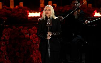 LOS ANGELES, CALIFORNIA - FEBRUARY 24: Christina Aguilara performs during The Celebration of Life for Kobe & Gianna Bryant at Staples Center on February 24, 2020 in Los Angeles, California. (Photo by Kevork Djansezian/Getty Images)