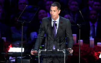 LOS ANGELES, CALIFORNIA - FEBRUARY 24: Los Angeles Lakers General Manager Rob Pelinka speaks during The Celebration of Life for Kobe & Gianna Bryant at Staples Center on February 24, 2020 in Los Angeles, California. (Photo by Kevork Djansezian/Getty Images)