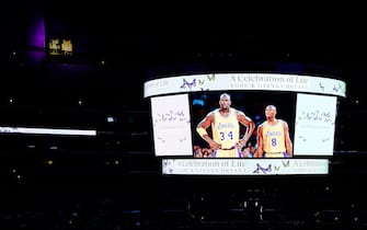 LOS ANGELES, CALIFORNIA - FEBRUARY 24: A general view of the jumbotron as Shaquille O'Neal speaks during The Celebration of Life for Kobe & Gianna Bryant at Staples Center on February 24, 2020 in Los Angeles, California. (Photo by Kevork Djansezian/Getty Images)