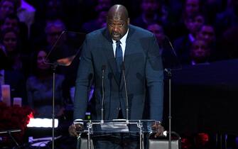 LOS ANGELES, CALIFORNIA - FEBRUARY 24: Shaquille O'Neal speaks during The Celebration of Life for Kobe & Gianna Bryant at Staples Center on February 24, 2020 in Los Angeles, California. (Photo by Kevork Djansezian/Getty Images)