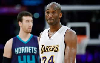 LOS ANGELES, CA - JANUARY 31: Kobe Bryant #24 of the Los Angeles Lakers reacts during the second half of the basketball game against Charlotte Hornets at Staples Center January 31, 2016, in Los Angeles, California. NOTE TO USER: User expressly acknowledges and agrees that, by downloading and or using the photograph, User is consenting to the terms and conditions of the Getty Images License Agreement. (Photo by Kevork Djansezian/Getty Images)