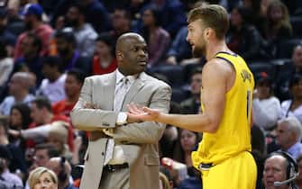 TORONTO, ON - FEBRUARY 23:  Domantas Sabonis #11 of the Indiana Pacers speaks with Head Coach Nate McMillan during the second half of an NBA game against the Toronto Raptors at Scotiabank Arena on February 23, 2020 in Toronto, Canada.  NOTE TO USER: User expressly acknowledges and agrees that, by downloading and or using this photograph, User is consenting to the terms and conditions of the Getty Images License Agreement.  (Photo by Vaughn Ridley/Getty Images)
