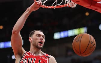 CHICAGO, ILLINOIS - FEBRUARY 23: Zach LaVine #8 of the Chicago Bulls dunks against the Washington Wizards at the United Center on February 23, 2020 in Chicago, Illinois. The Bulls defeated the Wizards 126-117.NOTE TO USER: User expressly acknowledges and agrees that, by downloading and or using this photograph, User is consenting to the terms and conditions of the Getty Images License Agreement. (Photo by Jonathan Daniel/Getty Images)