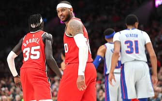 PORTLAND, OREGON - FEBRUARY 23: Carmelo Anthony #00 of the Portland Trail Blazers reacts in the second quarter against the Detroit Pistons during their game at Moda Center on February 23, 2020 in Portland, Oregon. NOTE TO USER: User expressly acknowledges and agrees that, by downloading and or using this photograph, User is consenting to the terms and conditions of the Getty Images License Agreement. (Photo by Abbie Parr/Getty Images)