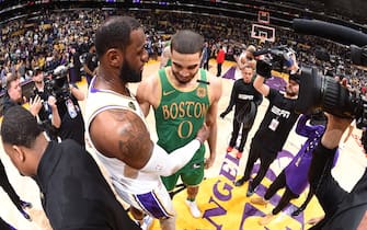 1202913884 LOS ANGELES, CA - FEBRUARY 23: LeBron James #23 of the Los Angeles Lakers talks to Jayson Tatum #0 of the Boston Celtics after the game on February 23, 2020 at STAPLES Center in Los Angeles, California. NOTE TO USER: User expressly acknowledges and agrees that, by downloading and/or using this Photograph, user is consenting to the terms and conditions of the Getty Images License Agreement. Mandatory Copyright Notice: Copyright 2020 NBAE (Photo by Andrew D. Bernstein/NBAE via Getty Images)