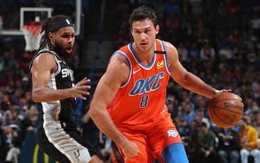OKLAHOMA CITY, OK - FEBRUARY 23:  Danilo Gallinari #8 of the Oklahoma City Thunder handles the ball against the San Antonio Spurs on February 23, 2020 at Chesapeake Energy Arena in Oklahoma City, Oklahoma. NOTE TO USER: User expressly acknowledges and agrees that, by downloading and or using this photograph, User is consenting to the terms and conditions of the Getty Images License Agreement. Mandatory Copyright Notice: Copyright 2020 NBAE (Photo by Zach Beeker/NBAE via Getty Images)