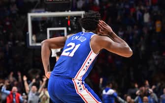 PHILADELPHIA, PA - FEBRUARY 24: Joel Embiid #21 of the Philadelphia 76ers reacts during a game against the Atlanta Hawks on February 24, 2020 at the Wells Fargo Center in Philadelphia, Pennsylvania NOTE TO USER: User expressly acknowledges and agrees that, by downloading and/or using this Photograph, user is consenting to the terms and conditions of the Getty Images License Agreement. Mandatory Copyright Notice: Copyright 2020 NBAE (Photo by Jesse D. Garrabrant/NBAE via Getty Images)