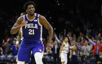 PHILADELPHIA, PA - FEBRUARY 24: Joel Embiid #21 of the Philadelphia 76ers gestures after scoring a three-point basket for his career high 49th point during the second half of an NBA basketball game against of the Atlanta Hawks at Wells Fargo Center on February 24, 2020 in Philadelphia, Pennsylvania. The Sixers defeated the Hawks 129-112. (Photo by Rich Schultz/Getty Images)