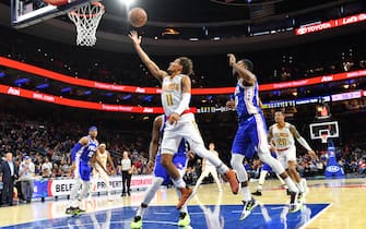 PHILADELPHIA, PA - FEBRUARY 24: Trae Young #11 of the Atlanta Hawks shoots the ball against the Philadelphia 76ers on February 24, 2020 at the Wells Fargo Center in Philadelphia, Pennsylvania NOTE TO USER: User expressly acknowledges and agrees that, by downloading and/or using this Photograph, user is consenting to the terms and conditions of the Getty Images License Agreement. Mandatory Copyright Notice: Copyright 2020 NBAE (Photo by Jesse D. Garrabrant/NBAE via Getty Images)