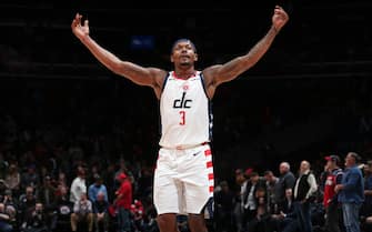 WASHINGTON, DC -  FEBRUARY 24: Bradley Beal #3 of the Washington Wizards reacts to a play during the game against the Milwaukee Bucks on February 24, 2020 at Capital One Arena in Washington, DC. NOTE TO USER: User expressly acknowledges and agrees that, by downloading and or using this Photograph, user is consenting to the terms and conditions of the Getty Images License Agreement. Mandatory Copyright Notice: Copyright 2020 NBAE (Photo by Ned Dishman/NBAE via Getty Images)
