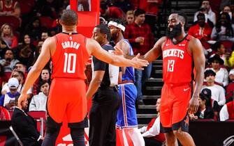 HOUSTON, TX - FEBRUARY 24:  Eric Gordon #10 of the Houston Rockets high-fives James Harden #13 of the Houston Rockets against the New York Knicks on February 24, 2020 at the Toyota Center in Houston, Texas. NOTE TO USER: User expressly acknowledges and agrees that, by downloading and or using this photograph, User is consenting to the terms and conditions of the Getty Images License Agreement. Mandatory Copyright Notice: Copyright 2020 NBAE (Photo by Cato Cataldo/NBAE via Getty Images)