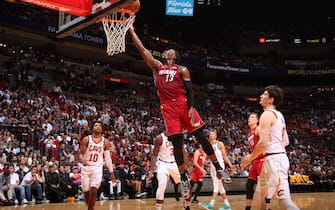 MIAMI, FL - FEBRUARY 22:  Bam Adebayo #13 of the Miami Heat shoots the ball against the Cleveland Cavaliers on February 22, 2020 at American Airlines Arena in Miami, Florida. NOTE TO USER: User expressly acknowledges and agrees that, by downloading and or using this Photograph, user is consenting to the terms and conditions of the Getty Images License Agreement. Mandatory Copyright Notice: Copyright 2020 NBAE (Photo by Issac Baldizon/NBAE via Getty Images)