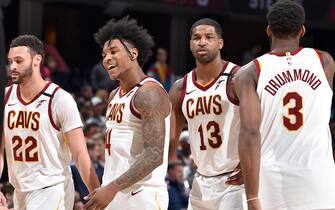 CLEVELAND, OH - FEBRUARY 24: Kevin Porter Jr. #4 of the Cleveland Cavaliers smiles during the game against the Miami Heat on February 24, 2020 at Rocket Mortgage FieldHouse in Cleveland, Ohio. NOTE TO USER: User expressly acknowledges and agrees that, by downloading and/or using this Photograph, user is consenting to the terms and conditions of the Getty Images License Agreement. Mandatory Copyright Notice: Copyright 2020 NBAE (Photo by David Liam Kyle/NBAE via Getty Images)