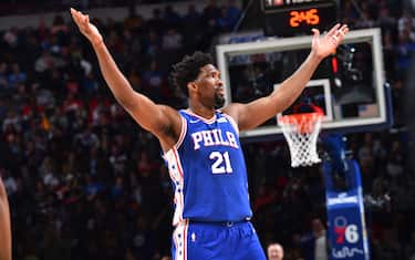 PHILADELPHIA, PA - FEBRUARY 24: Joel Embiid #21 of the Philadelphia 76ers reacts during a game against the Atlanta Hawks on February 24, 2020 at the Wells Fargo Center in Philadelphia, Pennsylvania NOTE TO USER: User expressly acknowledges and agrees that, by downloading and/or using this Photograph, user is consenting to the terms and conditions of the Getty Images License Agreement. Mandatory Copyright Notice: Copyright 2020 NBAE (Photo by Jesse D. Garrabrant/NBAE via Getty Images)