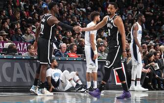 BROOKLYN, NY - FEBRUARY 24: Caris LeVert #22 and Spencer Dinwiddie #26 of the Brooklyn Nets hi-five during the game against the Orlando Magic on February 24, 2020 at Barclays Center in Brooklyn, New York. NOTE TO USER: User expressly acknowledges and agrees that, by downloading and or using this Photograph, user is consenting to the terms and conditions of the Getty Images License Agreement. Mandatory Copyright Notice: Copyright 2020 NBAE (Photo by Nathaniel S. Butler/NBAE via Getty Images)