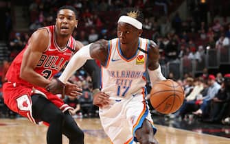 CHICAGO, IL - FEBRUARY 25: Dennis Schroder #17 of the Oklahoma City Thunder handles the ball against the Chicago Bulls on February 25, 2020 at the United Center in Chicago, Illinois. NOTE TO USER: User expressly acknowledges and agrees that, by downloading and or using this photograph, user is consenting to the terms and conditions of the Getty Images License Agreement.  Mandatory Copyright Notice: Copyright 2020 NBAE (Photo by Gary Dineen/NBAE via Getty Images) 