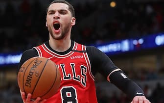 CHICAGO, ILLINOIS - FEBRUARY 25: Zach LaVine #8 of the Chicago Bulls reacts to a charging call in the 4th quarter against the Oklahoma City Thunder at the United Center on February 25, 2020 in Chicago, Illinois. The Thunder beat the Bulls 124-122. NOTE TO USER: User expressly acknowledges and agrees that, by downloading and or using this photograph, User is consenting to the terms and conditions of the Getty Images License Agreement. (Photo by Jonathan Daniel/Getty Images)
